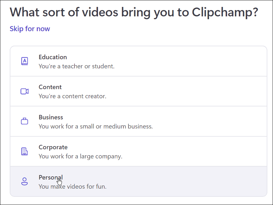personlig bruk clipchamp videoredigerer på Windows