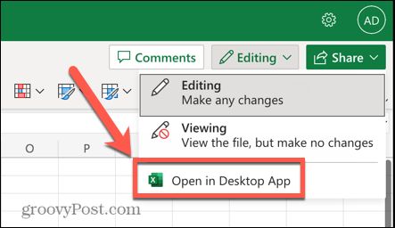 Excel åpne i desktop app-alternativet