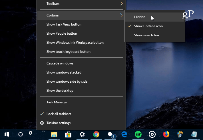 skjul Cortana Search Box