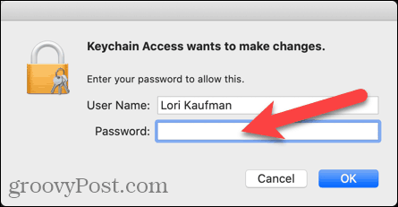 Angi brukernavn og passord for Keychain Access