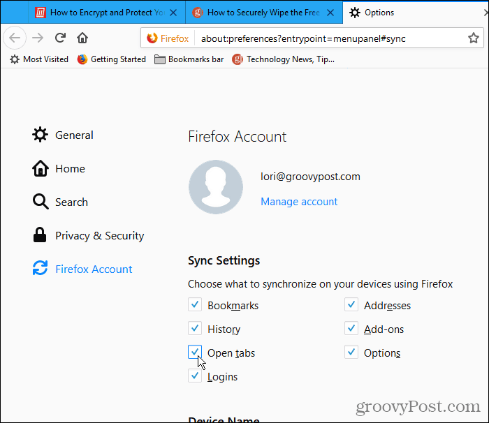 Merk av for Åpne faner under Synkroniser innstillinger i Firefox for Windows