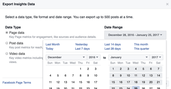 Du kan endre datoperioden for Facebook Insights-dataene du laster ned.