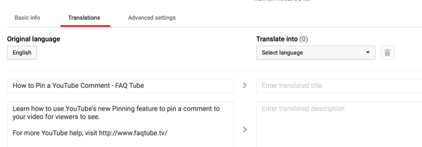 Skriv inn en oversatt tittel og beskrivelse i kategorien Oversettelser for YouTube-videoen din.