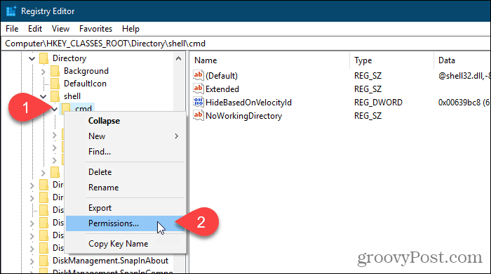 Høyreklikk på en registernøkkel og velg Tillatelser i Windows Register Editor