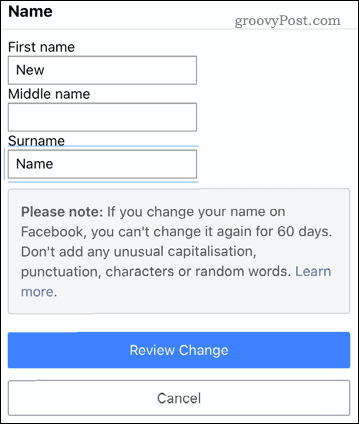 Redigere et navn i Facebook-mobilappen