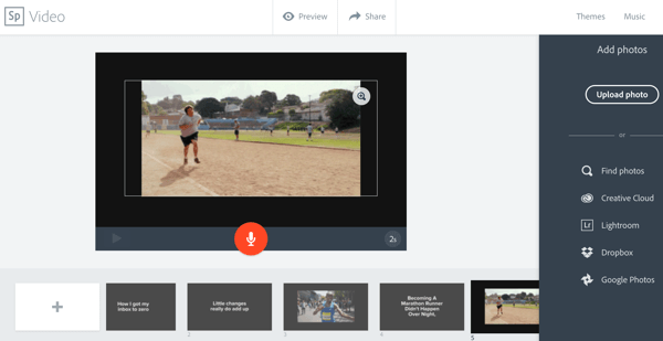 I Adobe Spark kan du velge en mal og tilpasse den med tekst, bilder og videoklipp.