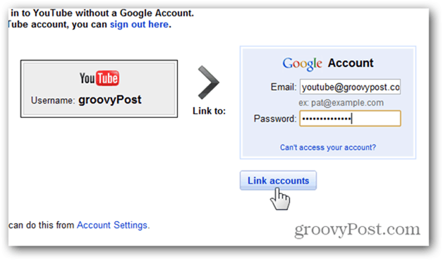 Koble en YouTube-konto til en ny Google-konto - skriv inn konto og passord