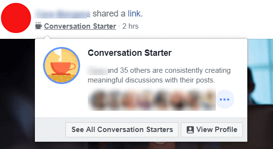Facebook ser ut til å eksperimentere med nye Conversation Starter-merker som fremhever brukere og administratorer som stadig lager meningsfulle diskusjoner med innleggene sine.
