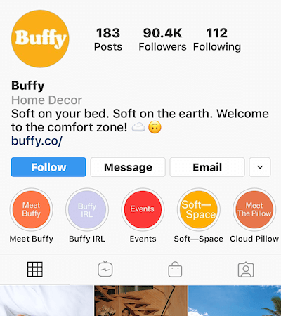 Instagram fremhever album på Buffy-profilen