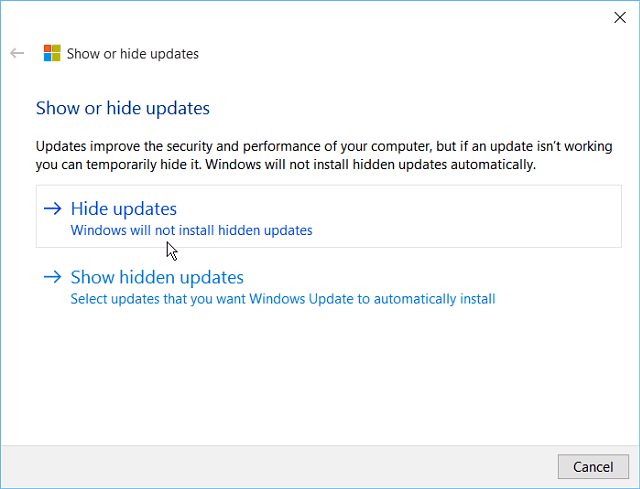 Skjul oppdateringsverktøyet Windows 10
