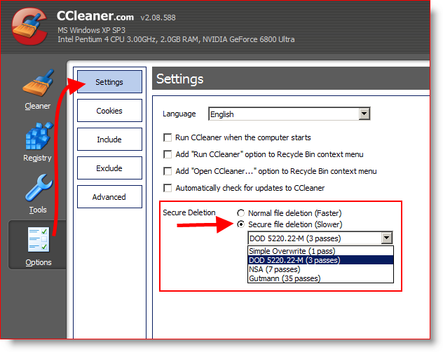 Konfigurer CCleaner for å tørke og slette filer på en sikker måte 3 ganger eller DOD 5220.22-M