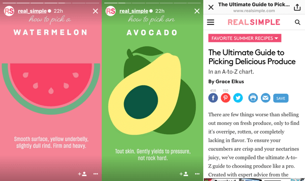 RealSimple opprettet en Instagram-historie basert på et blogginnlegg om hvordan du velger produsere; på slutten av historien kunne seerne sveipe opp for å lese det opprinnelige innlegget.