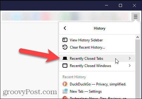 Velg Nylig lukkede faner i Firefox