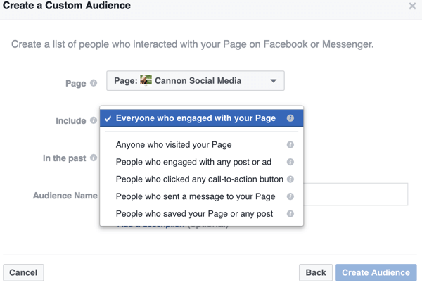 Når du begrenser alternativene for ditt Facebook-tilpassede publikum, finner du spesifikke måter å definere målgruppen du vil målrette mot, for eksempel disse sidespesifikke interaksjonene.