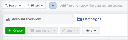 Klikk på Opprett-knappen for å starte en ny Facebook-kampanje.