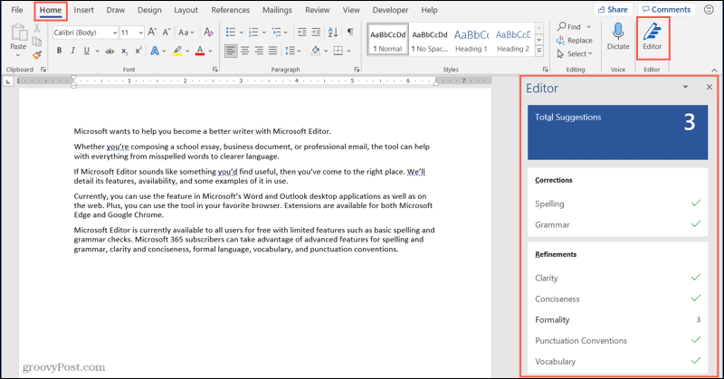Microsoft Editor-knapp og sidefelt i Word-skrivebordet