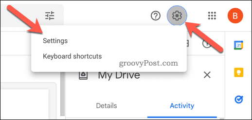 Åpne innstillinger i Google Disk