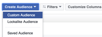 Klikk på alternativet for å opprette et Facebook-tilpasset publikum.