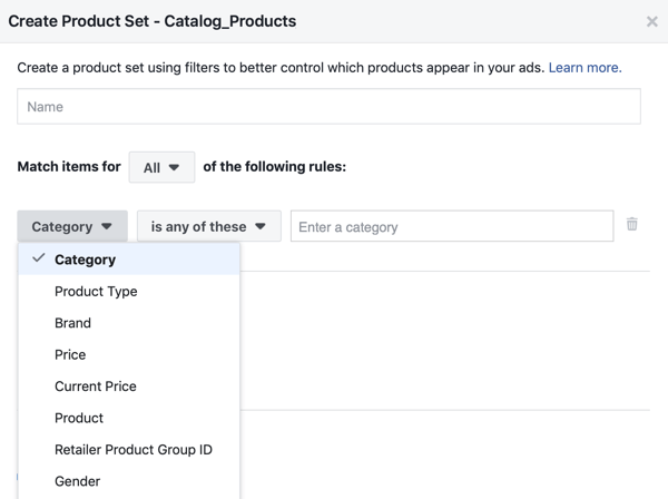 Bruk Facebook Event Setup Tool, trinn 28, Facebook-menyalternativ for å bruke filtre som produkter vises til kunder