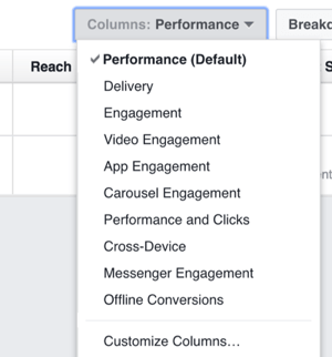 Klikk på rullegardinlisten Kolonner for alternativer for å endre kolonnene du ser i Facebook Ads Manager.