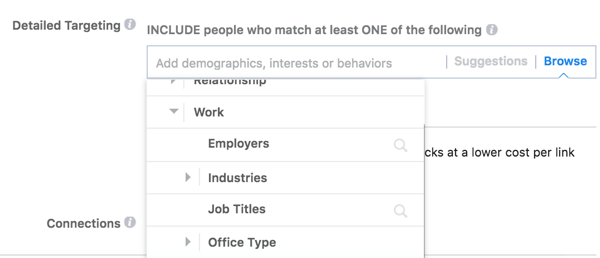 Facebook tilbyr detaljerte målrettingsalternativer basert på publikums arbeid.