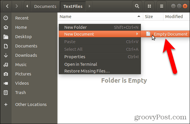 Lag et nytt, tomt dokument i Nautilus i Ubuntu Linux