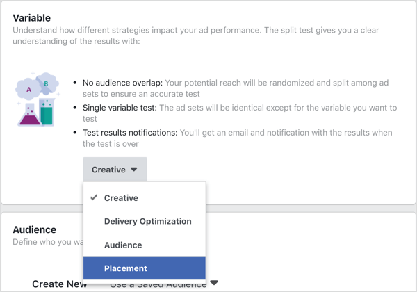 Velg Plassering som variabel du vil teste med Facebook split test