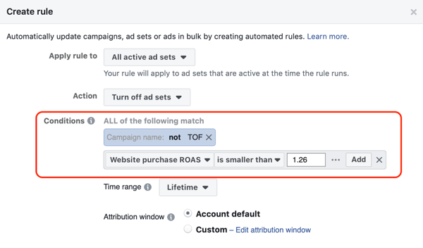 Bruk automatiserte regler for Facebook, stopp annonseoppsett når ROAS faller under minimum, trinn 3, tilstandsinnstillinger