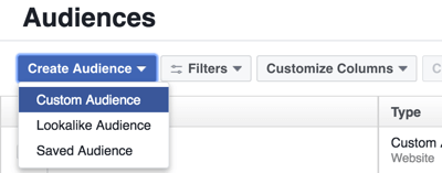Lag et tilpasset publikum i Facebook Ads Manager.
