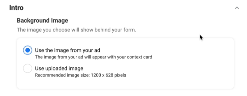 facebook-leadannonser oppretter et nytt potensial for skjema for å bruke et bakgrunnsbilde med bruk av bildet fra annonsealternativet ditt valgt