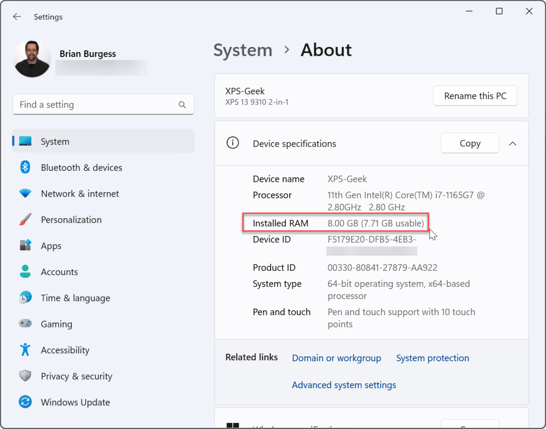 total ram sjekk ram-informasjon på Windows 11