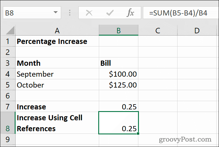 Et eksempel på prosentvis økning i Microsoft Excel
