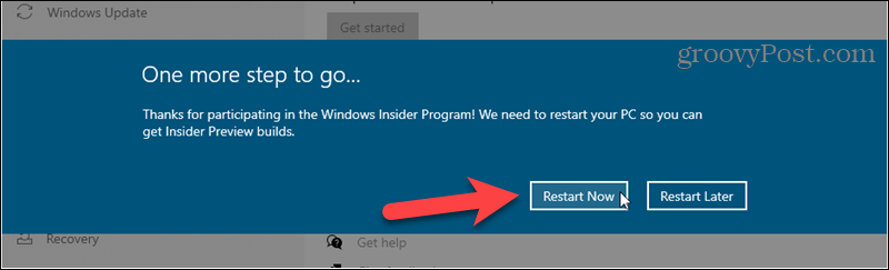 Start på nytt for å fullføre registreringen for Windows Insider-bygg
