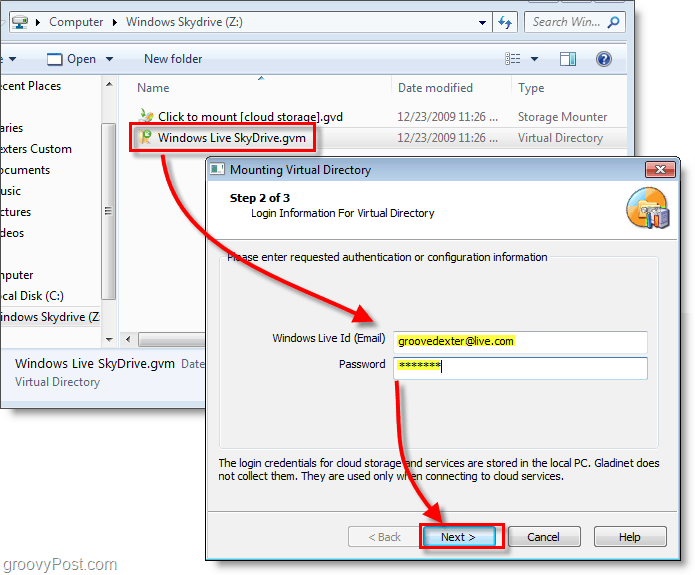 Klikk på Windows Live Skydrive.gvm-filen og skriv inn Live-brukernavn og passord