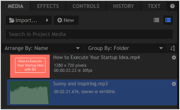 HitFilm Express importerer filer til mediebiblioteket