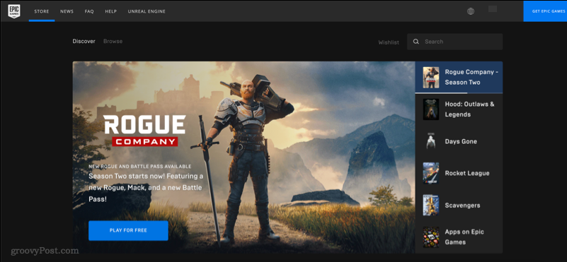Et skjermbilde som viser nettstedet til Epic Games Store