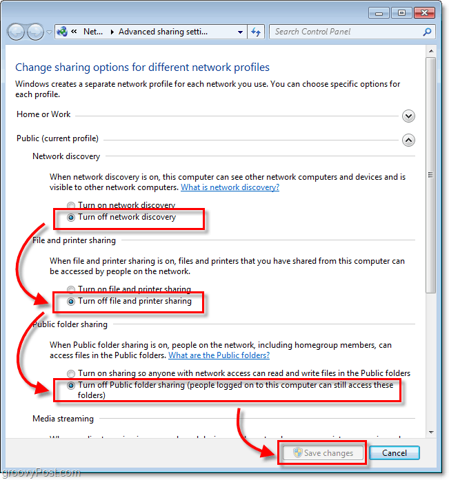 Hvordan deaktivere fildeling og nettverksoppdagelse i Windows 7