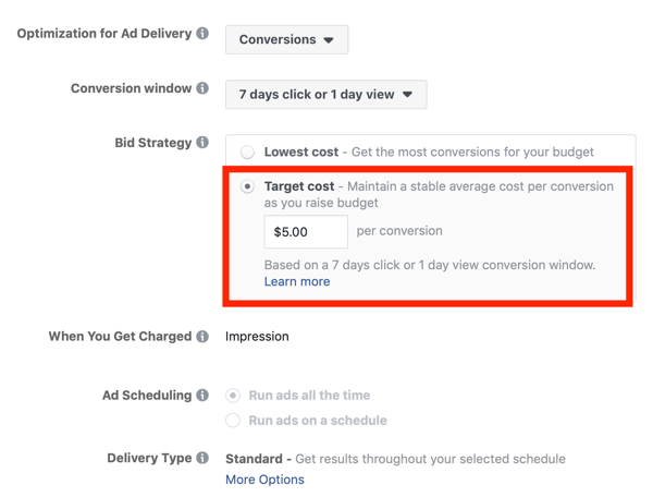 Tips for å senke Facebook-annonsekostnadene, muligheten til å angi budstrategi for å målrette kostnadene
