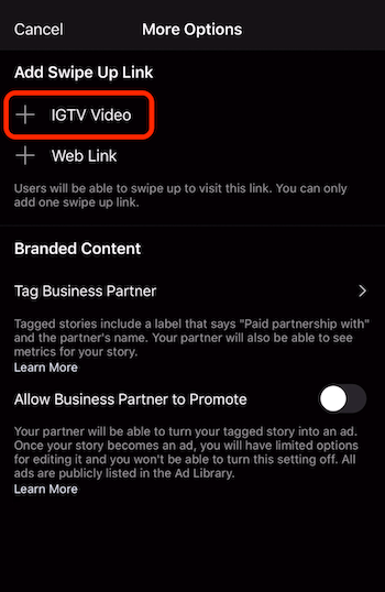 mulighet for å legge til sveip opp lenke til IGTV-video