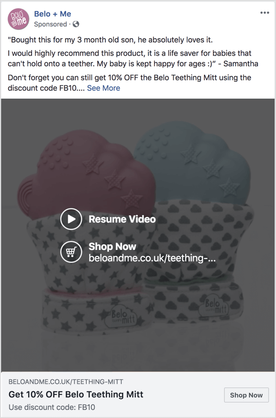 Denne Facebook-annonsen bruker en lysbildefremvisningsvideo for å fremme rabatt på et bestemt produkt.
