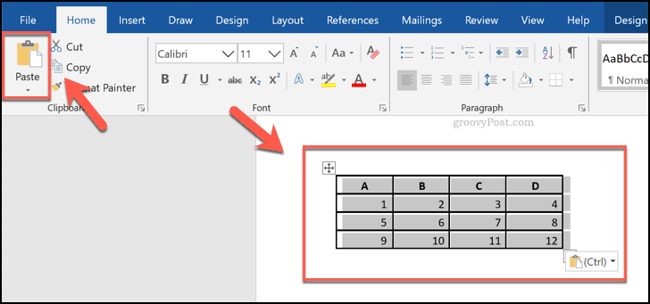 Limte celler fra et Excel-regneark, vist som en tabell i Word