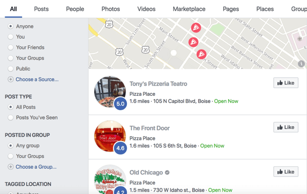 Facebook-søkeresultat for pizza.