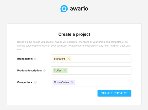 Hvordan bruke Awario til å lytte på sosiale medier, trinn 1 lage et prosjekt.