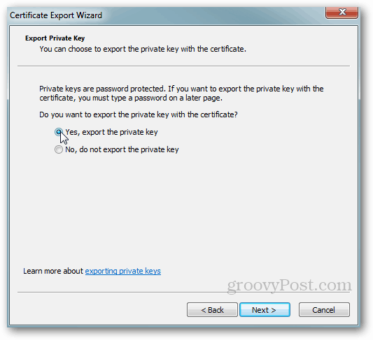 Windows-sertifikateksport - privat nøkkel Ja
