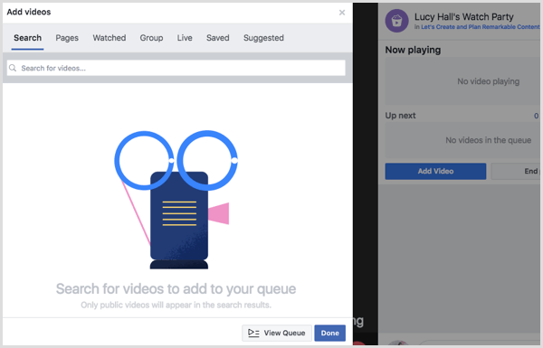 Velg en kilde for å legge til videoer i Facebook-festkøen din.