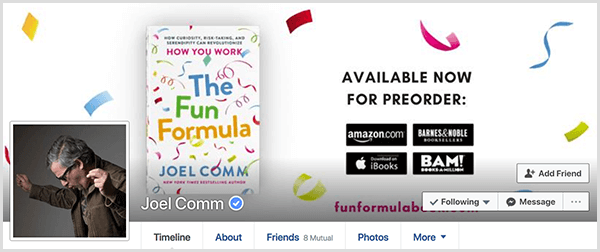 Joel Comms Facebook-profil viser et bilde av Joel fra siden med hendene i været som om han danser. Forsidebildet viser omslaget til The Fun Formula og detaljer om forhåndsbestilling av boken.
