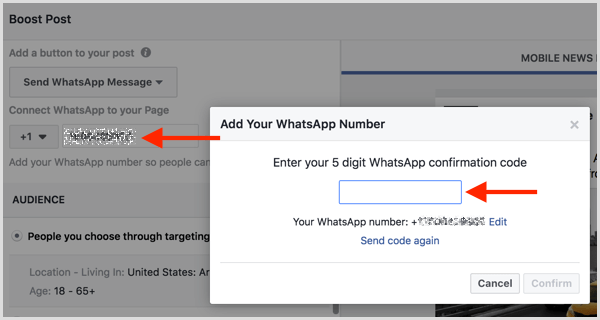 Skriv inn bekreftelseskoden du mottok via SMS for å koble WhatsApp Business-kontoen din til Facebook.