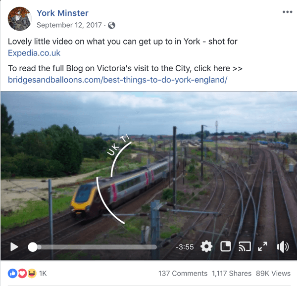 Eksempel på Facebook-innlegg med turistinformasjon fra York Minster.