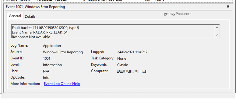 Et eksempel på en Windows-feilrapport