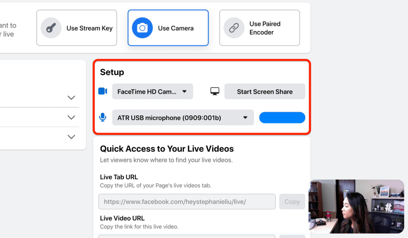 facebook live stream setup alternativ for å velge kamera og mikrofon og / eller skjermdeling